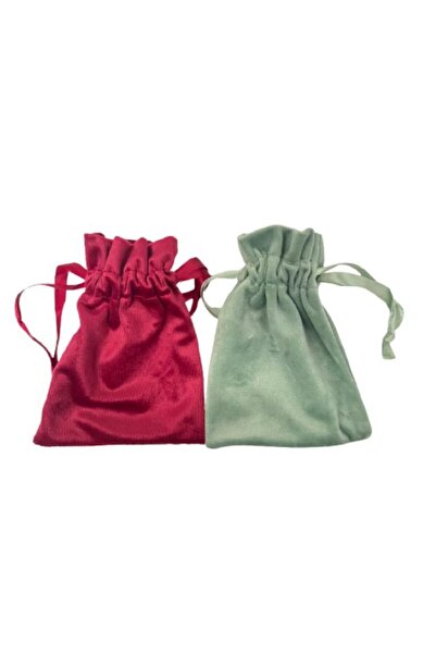 OMG Set of 2 velvet bags with red and green string, 16.5 x 12.2 cm