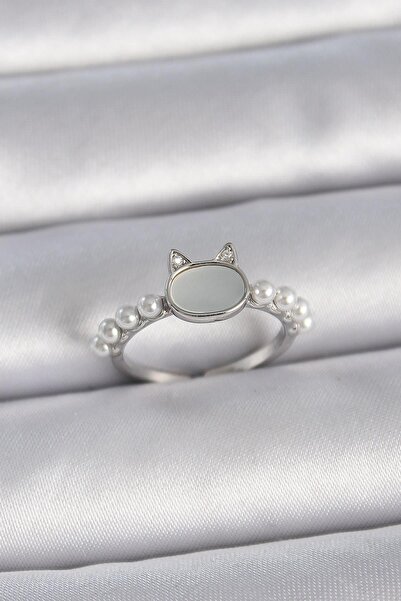 Inure Jewelry Brass Silver Color Adjustable White Enamel Cat Model Pearl Deta...
