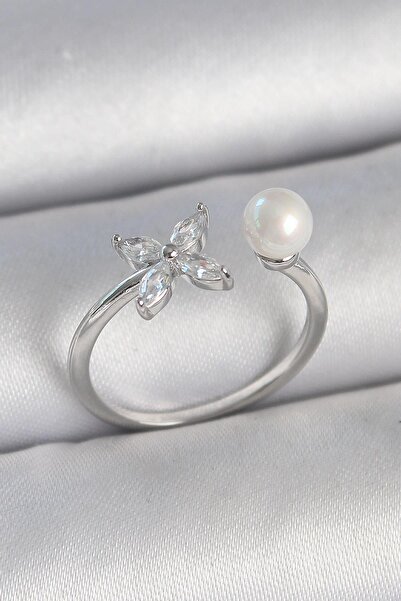 Inure Jewelry Brass Silver Color Zircon Stone Flower Model Pearl Detail Adjus...