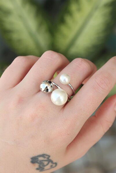 Inure Jewelry Brass Silver Color Adjustable Pearl Rhinestone Ring