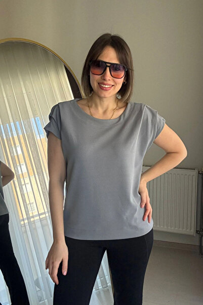 Kubos Moda Shoulders Draped Honeycomb Fabric Gray Blouse