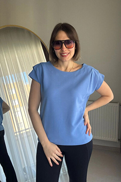 Kubos Moda Shoulders Draped Honeycomb Fabric Blue Blouse