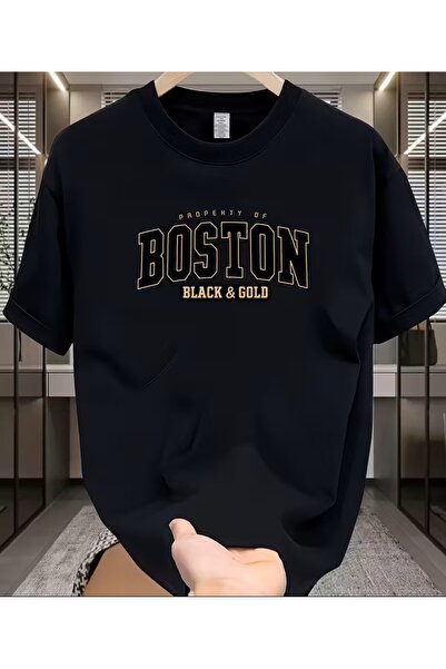 LELVANİ Boston Black & Gold T-Shirt for Men Crew Neck