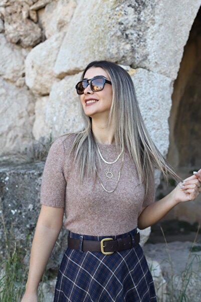 bytugcekaya Coffee Standard Size Soft Textured Short Sleeve Sweater