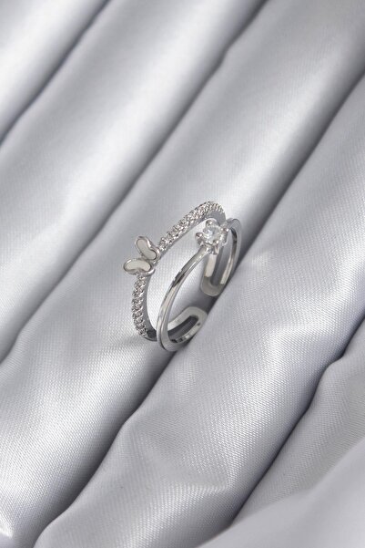 Inure Jewelry خاتم نسائي نحاسي فضي اللون بحجر الزركون على شكل فراشة