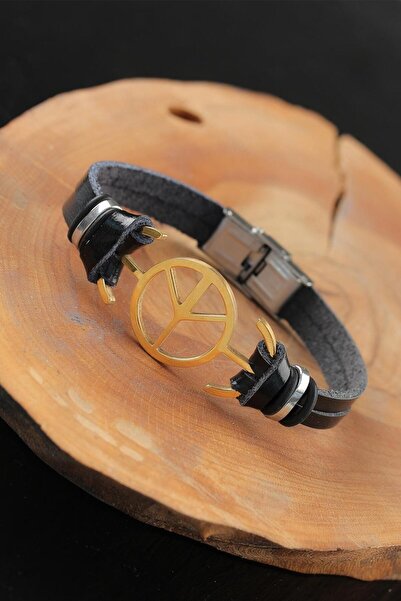 Inure Jewelry Gold Color Peace Figured Black Leather Men's Bracelet with Meta...