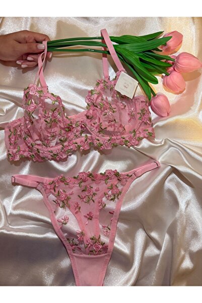 ARONA Pembe Desenli Bralet Takım