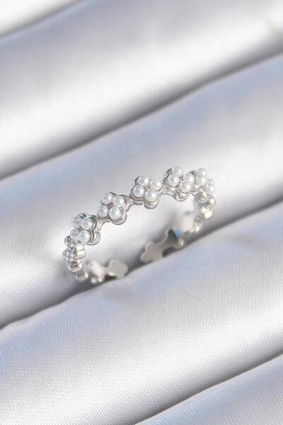 Inure Jewelry خاتم نسائي نحاسي فضي اللون لؤلؤي نموذج البرسيم