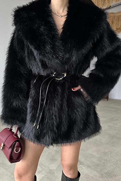 My Loore Women's Black Belted Pocket Lined Oversized Faux Fur Coat Mlb136