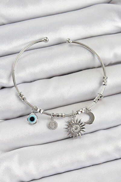 Inure Jewelry Brass Zircon Stone Sun Moon and Evil Eye Model Silver Color Cha...