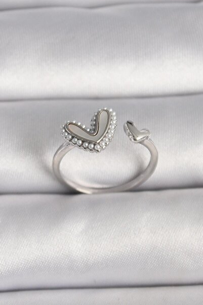 Inure Jewelry Brass Silver Color White Enamel Pearl Detailed Heart Model Adju...