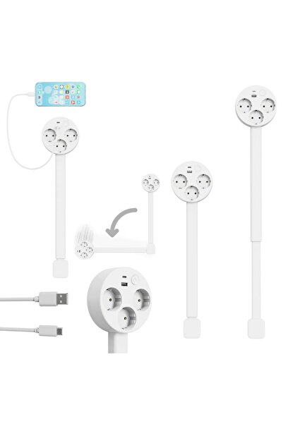 Elinux Genişletilebilir Dönen Priz, USB-A ve USB-C Portlu, 3 AC Çıkışlı, 180 ...