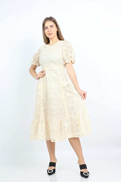 Nichii Cream Patterned Midi Puffed-Sleeve Dress