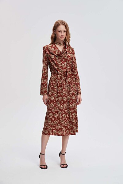 menta Red Floral Midi Belted Dress