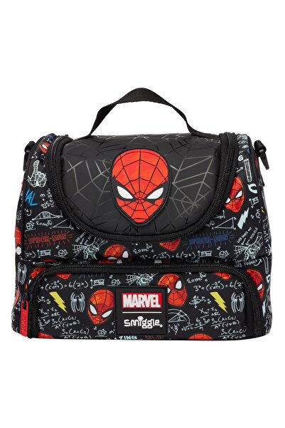 SMIGGLE حقيبة غداء مارفل سبايدر مان ذات حجرتين وحزام، لون أسود - معزولة حراري...