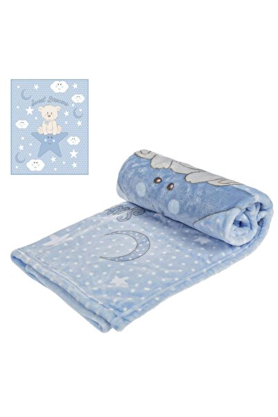 OEM Baby blanket, velvety in sky blue, with a teddy bear sitting on a star pa...