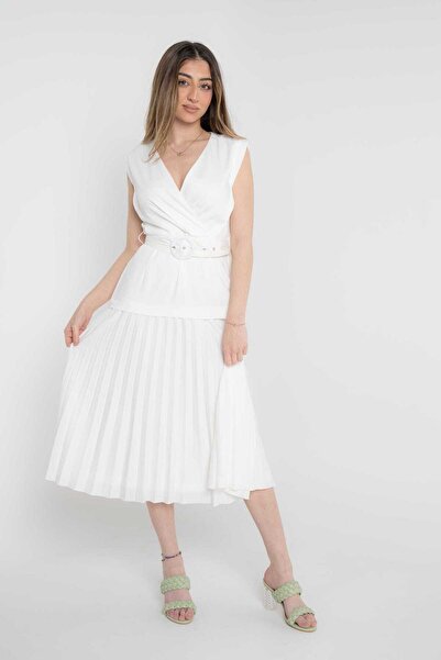 Nichii White Plain Midi Belted Dress