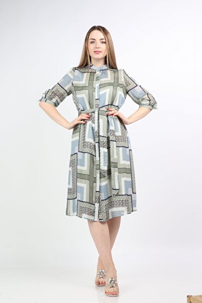 Nichii Green Geometric Midi Belted Dress