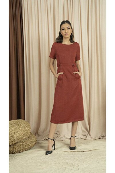 Nichii Red Solid Midi Short-Sleeve Dress