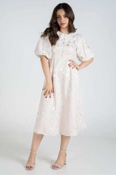 Nichii Light Blue Midi Puffed-Sleeve Dress