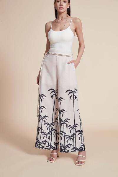 Yola Wide Leg Palm Print Midi Pants
