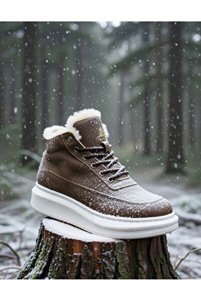 VELLINA Erkek Taba Beyaz Günlük Suni Deri Bağcıklı Kışlık Bot Içi Kürklü Suya...