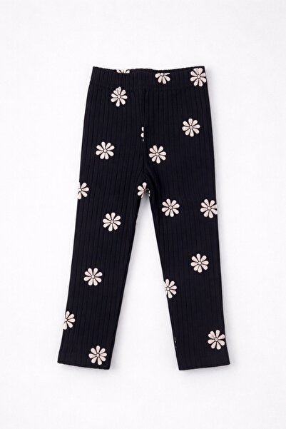 Girl Ribbed Leggings Floral Pattern Elastic Waist Casual Stretch Leggings