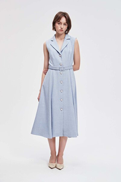 menta Solid Midi Dress with Waist Belt and Front Buttons