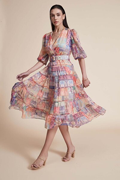 Yola Multicolor Patterned Midi Belted Dress
