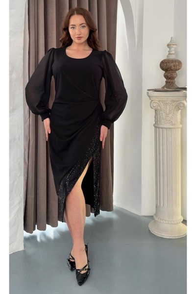 Butik Nilyam Women's Plus Size Crew Neck Chiffon Sleeve Slit Sequin Detail Mi...