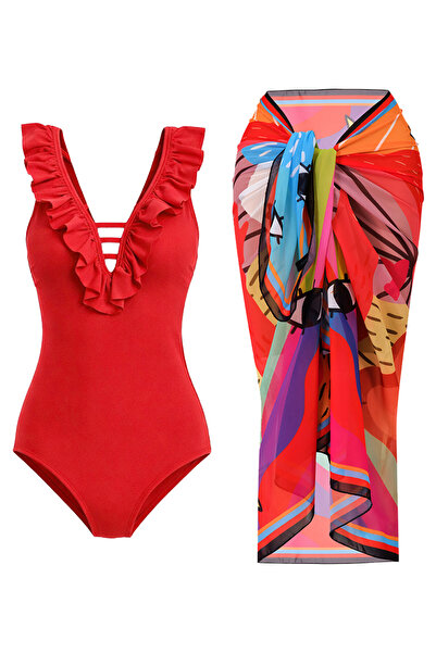 CUPSEA Thin, Effective, Ruffled Front Red Swimsuit with Rainbow Pareo, 2-Piec...
