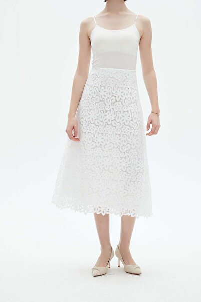 Nichii Embroidered Midi Skirt with Lace and Zip