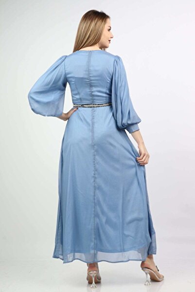 Nichii Blue Solid Maxi Puffed-Sleeve Dress