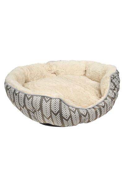 OEM Round dog bed with fluffy beige imitation fur inside and durable gray ext...