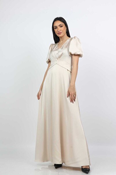 Nichii Dark Blue Maxi Puff-Sleeve Dress