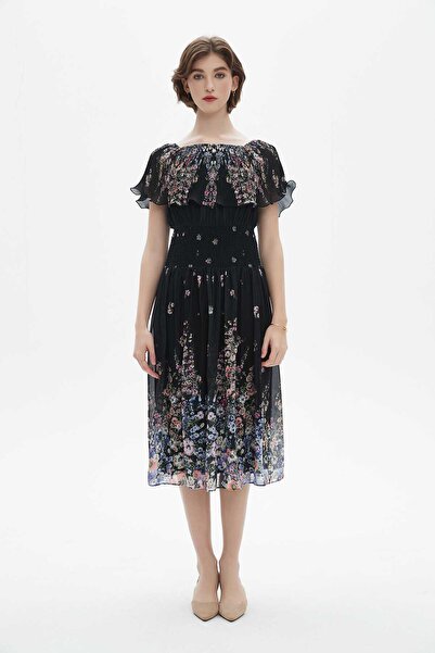 Nichii Off-Shoulder Ruffled Midi Dress with Short Sleeves - Burgundy