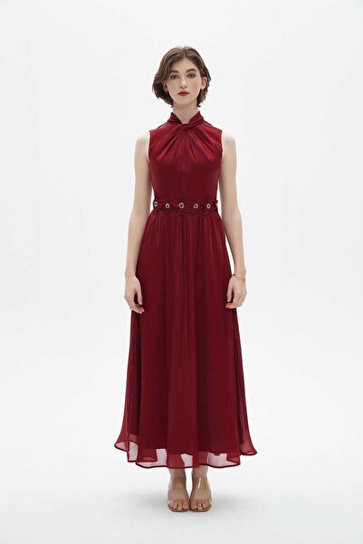 Nichii Red Solid Maxi Belted Dress