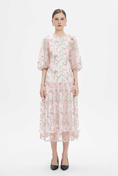 Nichii Pink Floral Midi Puff-Sleeve Dress