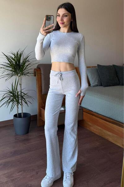 LETS BASIC Women's Finger-Through Crop Blouse and High-Waisted Wide-Leg Sweat...