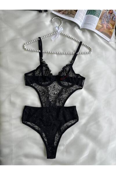 Rossena Kadın Siyah Dantelli Çiçek Desenli Transparan Bodysuit