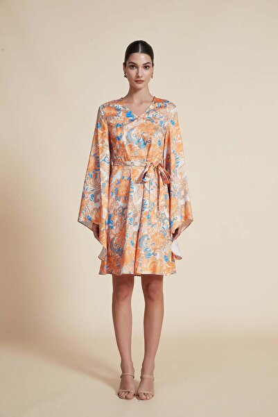 Yola Orange Patterned Mini Belted Dress