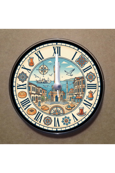 BK Design İzmir Temalı Magnet Saat Buzdolabı Süsü Duvar Saati 10,5cm MS1038