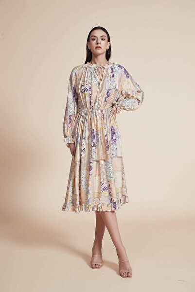 Yola Multicolor Patterned Midi Elastic-Waist Dress