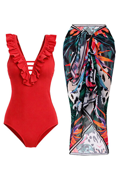 CUPSEA Red Swimsuit with Ruffles on the Front and Black Pareo Set of 2 by Lana