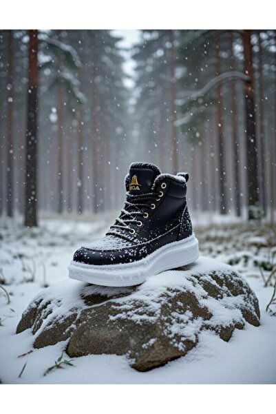 VELLINA Erkek Siyah Beyaz Günlük Suni Deri Bağcıklı Kışlık Bot Içi Kürklü Suy...