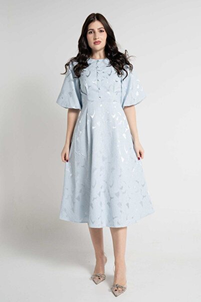 Nichii Light Blue Midi Puffed-Sleeve Dress