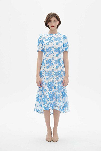 Nichii Floral Short Sleeve Midi Dress with Round Neck