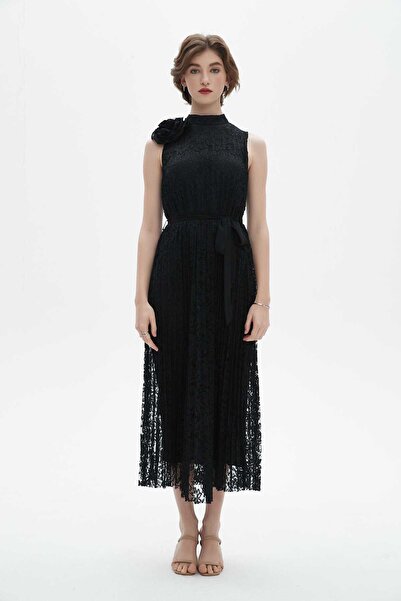 Nichii Black Plain Midi Belted Dress