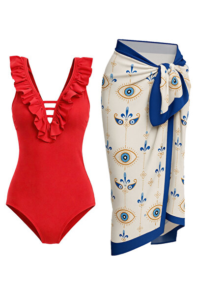 CUPSEA Thin, Effective, Ruffled Front Red Swimsuit Evil Eye Bead Pareo 2-Piec...