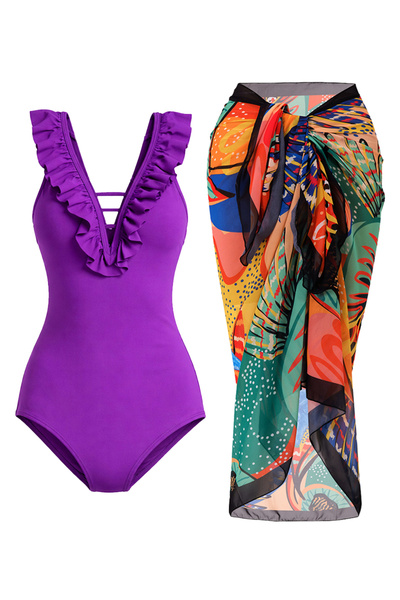 CUPSEA Thin and Effective Ruffled Front Purple Swimsuit Orange Leaf 2-Piece Set
